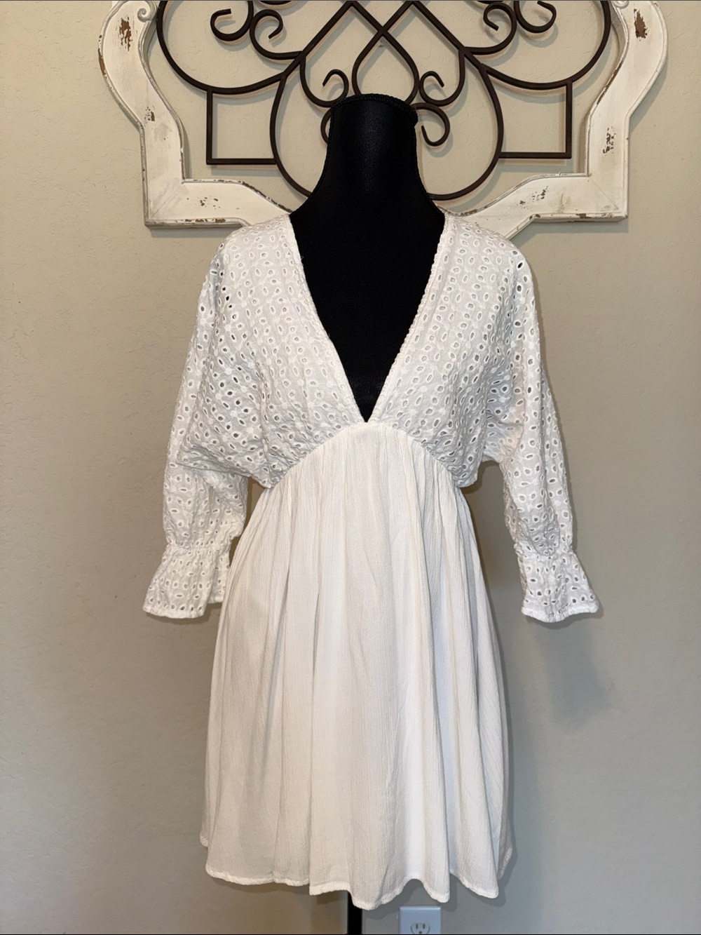 Flying Tomato White Eyelet Lace Dolman Sleeve Mini Dress